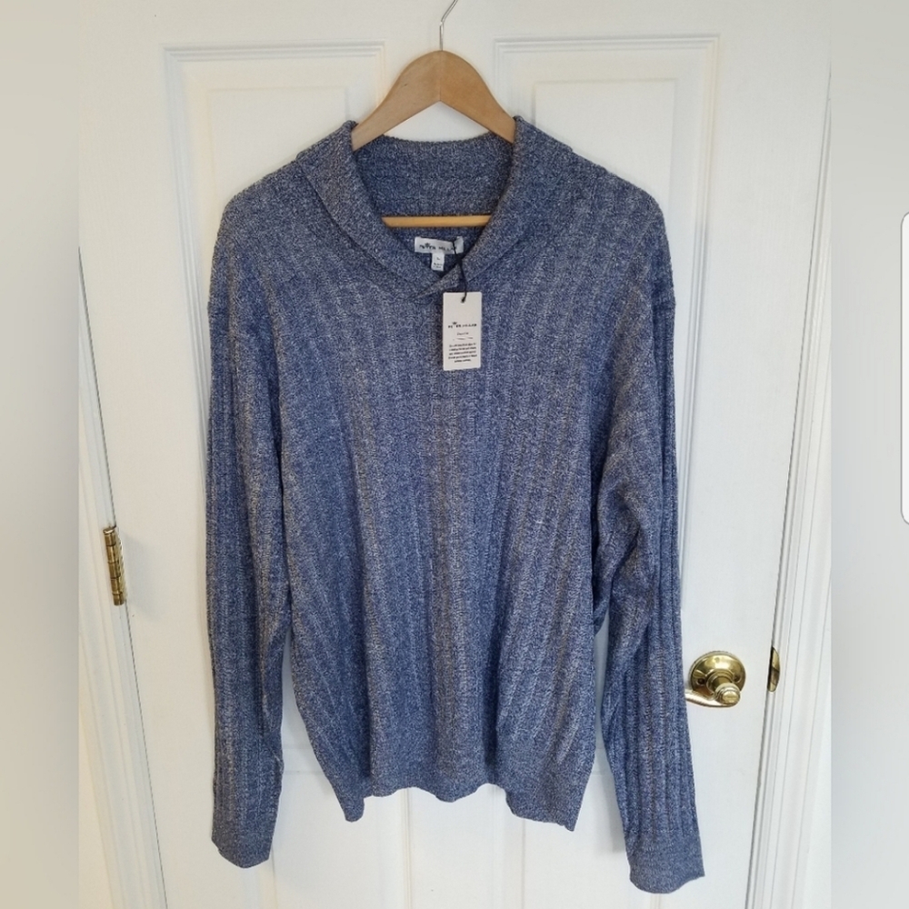NWT Peter Millar Naples Shawl Neck Sweater Merino Linen Size Large Ocean Blue